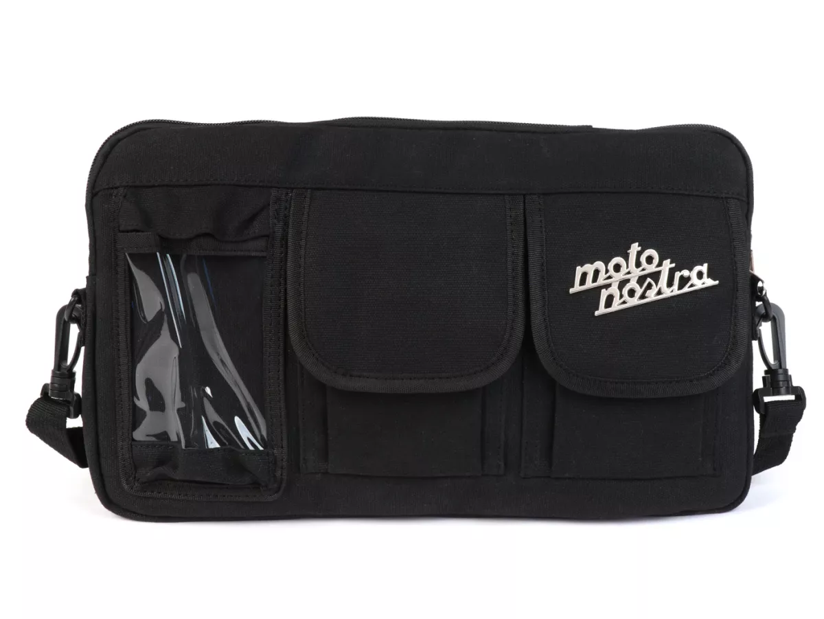 Bolsa para maletero solapa / bandolera (incl. funda para móvil (hasta 6,2 pulgadas, p. ej. iPhone 11)) -MOTO NOSTRA Classic 'lona encerada'- adecuada para p. ej. Vespa, Lambretta, GTV, GTS, HPE, Supertech, Touring - negro