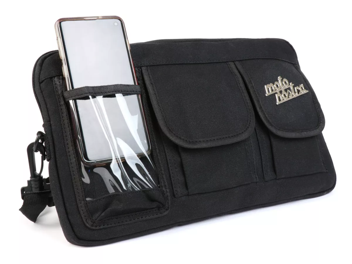 Bolsa para maletero solapa / bandolera (incl. funda para móvil (hasta 6,2 pulgadas, p. ej. iPhone 11)) -MOTO NOSTRA Classic 'lona encerada'- adecuada para p. ej. Vespa, Lambretta, GTV, GTS, HPE, Supertech, Touring - negro