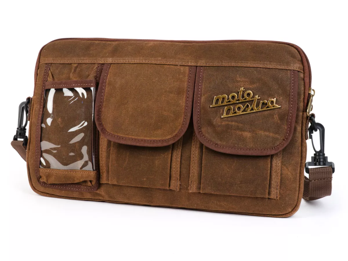Bolsa para maletero solapa / bandolera (incl. funda para móvil (hasta 6,2 pulgadas, p. ej. iPhone 11)) -MOTO NOSTRA Classic 'lona encerada'- adecuada para p. ej. Vespa, Lambretta, GTV, GTS, HPE, Supertech, Touring - marrón