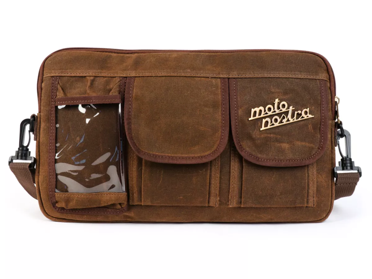 Bolsa para maletero solapa / bandolera (incl. funda para móvil (hasta 6,2 pulgadas, p. ej. iPhone 11)) -MOTO NOSTRA Classic 'lona encerada'- adecuada para p. ej. Vespa, Lambretta, GTV, GTS, HPE, Supertech, Touring - marrón