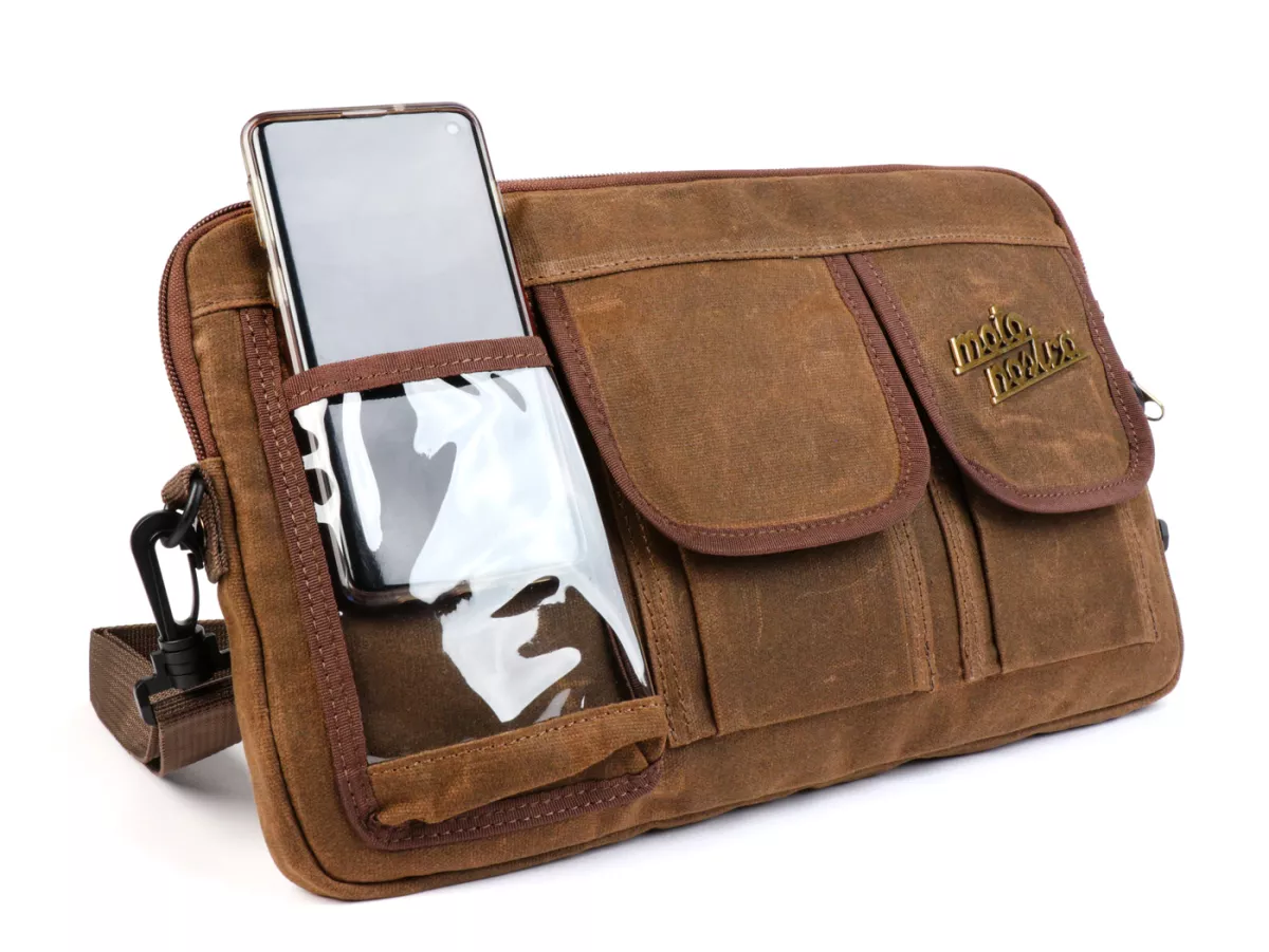 Bolsa para maletero solapa / bandolera (incl. funda para móvil (hasta 6,2 pulgadas, p. ej. iPhone 11)) -MOTO NOSTRA Classic 'lona encerada'- adecuada para p. ej. Vespa, Lambretta, GTV, GTS, HPE, Supertech, Touring - marrón