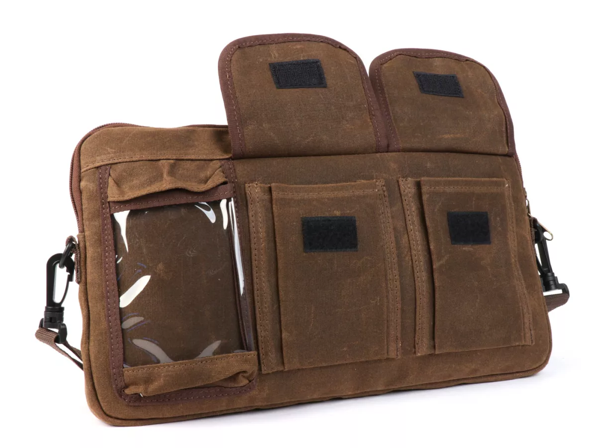 Bolsa para maletero solapa / bandolera (incl. funda para móvil (hasta 6,2 pulgadas, p. ej. iPhone 11)) -MOTO NOSTRA Classic 'lona encerada'- adecuada para p. ej. Vespa, Lambretta, GTV, GTS, HPE, Supertech, Touring - marrón