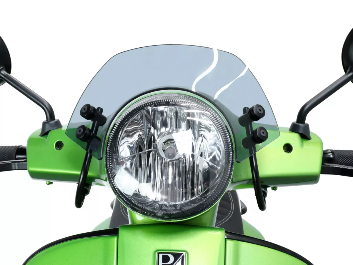 Kaca depan dengan tanda kurung hitam -MOTO NOSTRA, w = 300mm, h = 105mm- Vespa GT, GTL, GTS, GTS Super 125-300cc (-2018) - abu-abu transparan