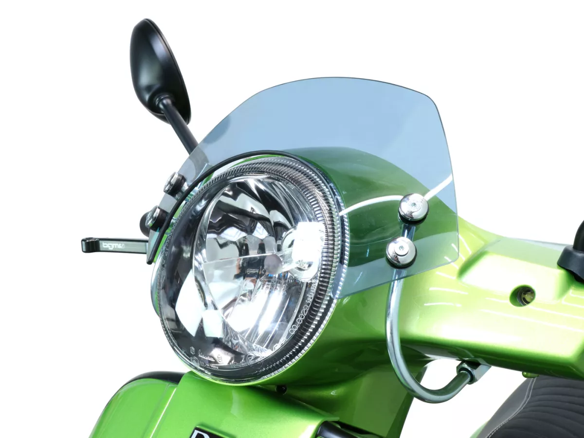 Kaca depan dengan braket berlapis krom -MOTO NOSTRA, w = 300mm, h = 105mm- Vespa GT, GTL, GTS, GTS Super 125-300cc (-2018) - kaca berwarna abu-abu