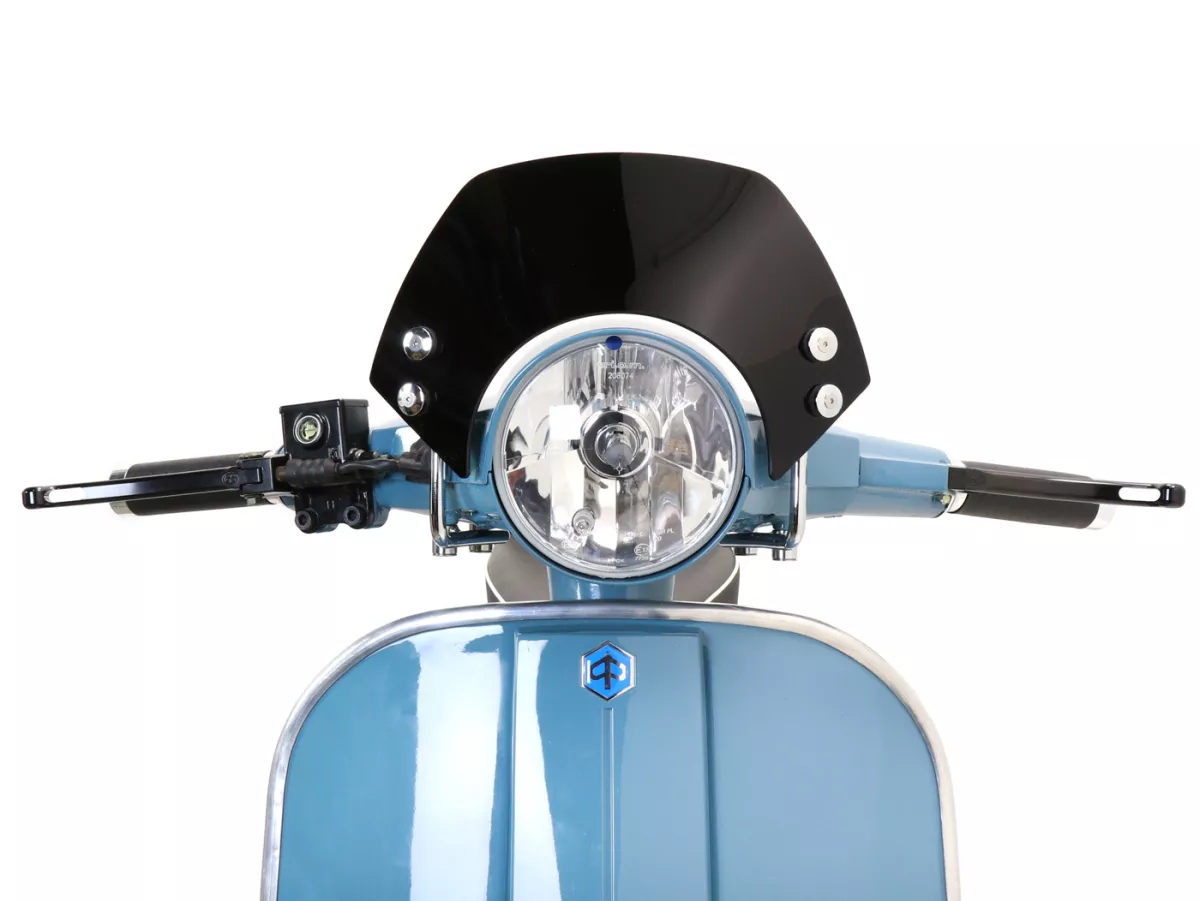 Flyscreen with chromed brackets -MOTO NOSTRA, w=300mm, h=105mm- Vespa PX80, PX125, PX150, PX200, LML 125/150 Star/Stella - black
