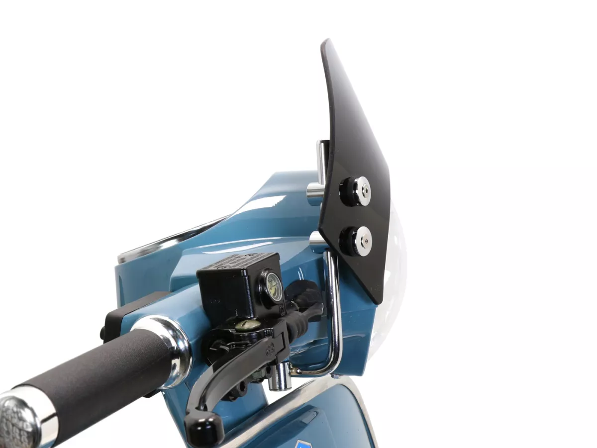Flyscreen with chromed brackets -MOTO NOSTRA, w=300mm, h=105mm- Vespa PX80, PX125, PX150, PX200, LML 125/150 Star/Stella - black
