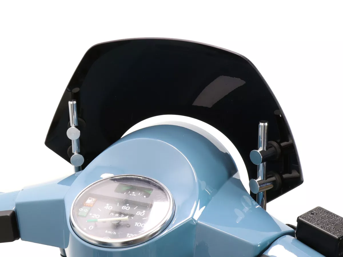 Flyscreen with chromed brackets -MOTO NOSTRA, w=300mm, h=105mm- Vespa PX80, PX125, PX150, PX200, LML 125/150 Star/Stella - black