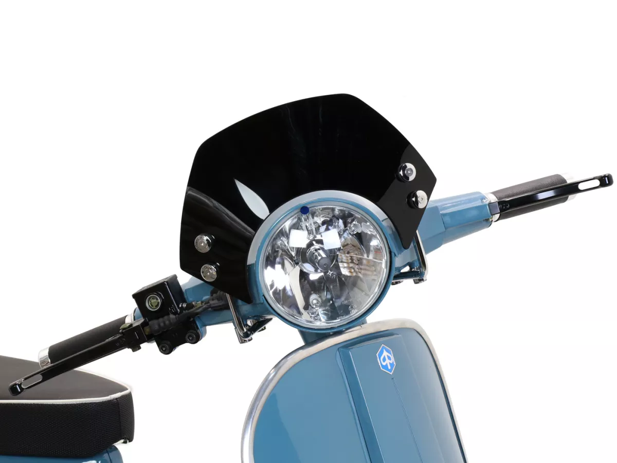 Flyscreen with chromed brackets -MOTO NOSTRA, w=300mm, h=105mm- Vespa PX80, PX125, PX150, PX200, LML 125/150 Star/Stella - black