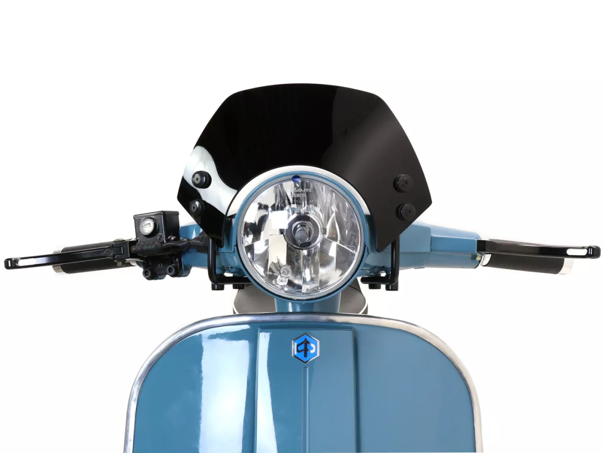 Windscherm met zwarte beugels -MOTO NOSTRA, b=300mm, h=105mm- Vespa PX80, PX125, PX150, PX200, LML 125/150 Star/Stella - zwart