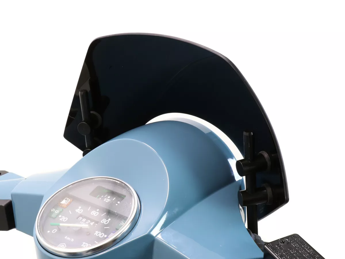 Windscherm met zwarte beugels -MOTO NOSTRA, b=300mm, h=105mm- Vespa PX80, PX125, PX150, PX200, LML 125/150 Star/Stella - zwart