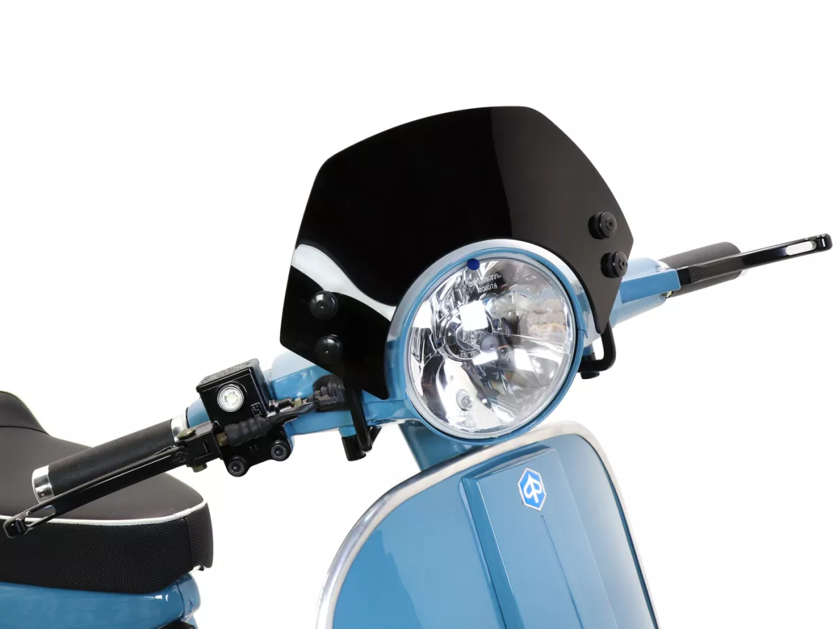 Windscherm met zwarte beugels -MOTO NOSTRA, b=300mm, h=105mm- Vespa PX80, PX125, PX150, PX200, LML 125/150 Star/Stella - zwart