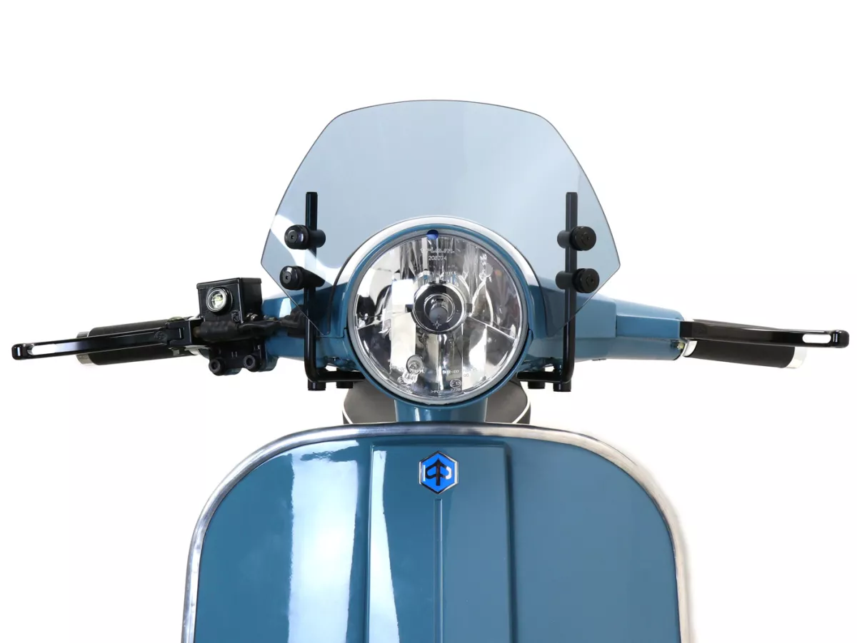 Windscherm met zwarte beugels -MOTO NOSTRA, b=300mm, h=105mm- Vespa PX80, PX125, PX150, PX200, LML 125/150 Star/Stella - grijs getint