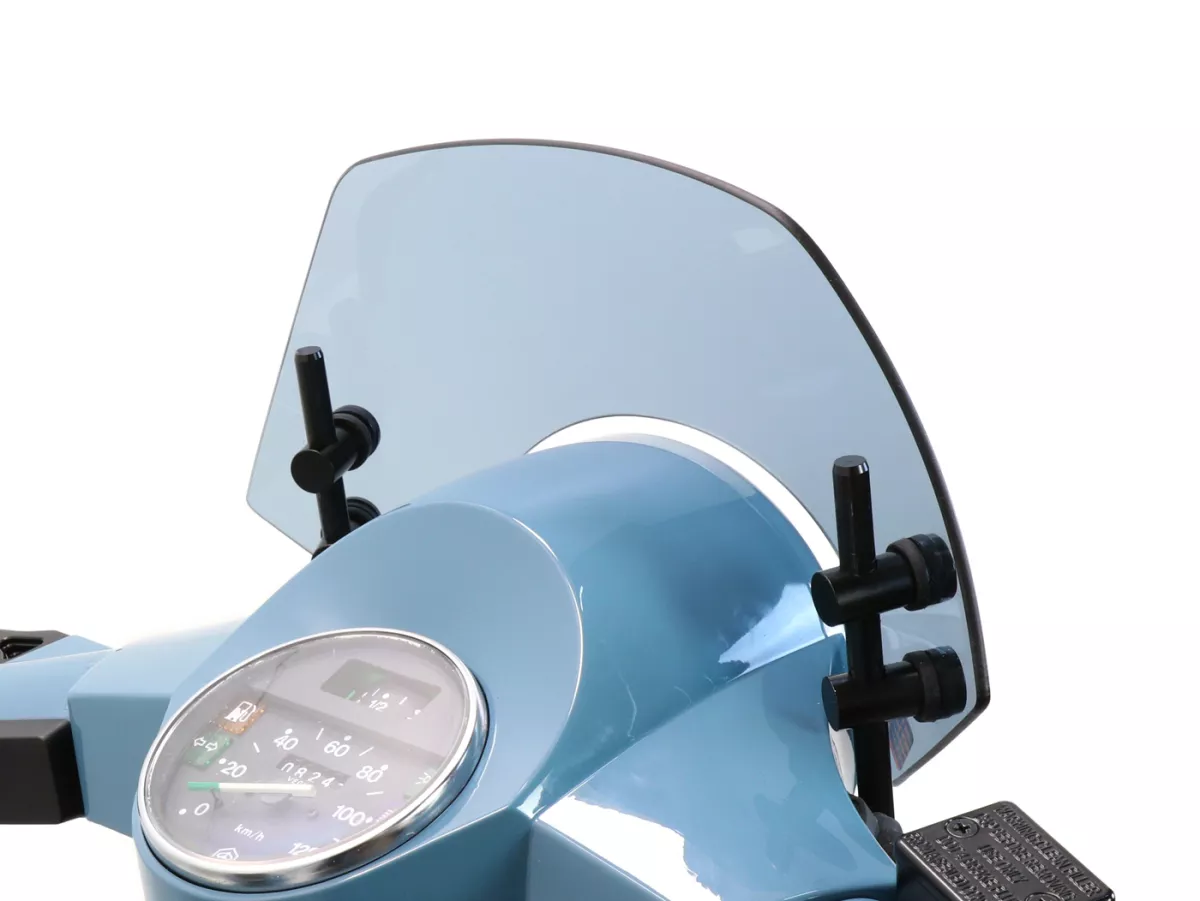 Windscherm met zwarte beugels -MOTO NOSTRA, b=300mm, h=105mm- Vespa PX80, PX125, PX150, PX200, LML 125/150 Star/Stella - grijs getint