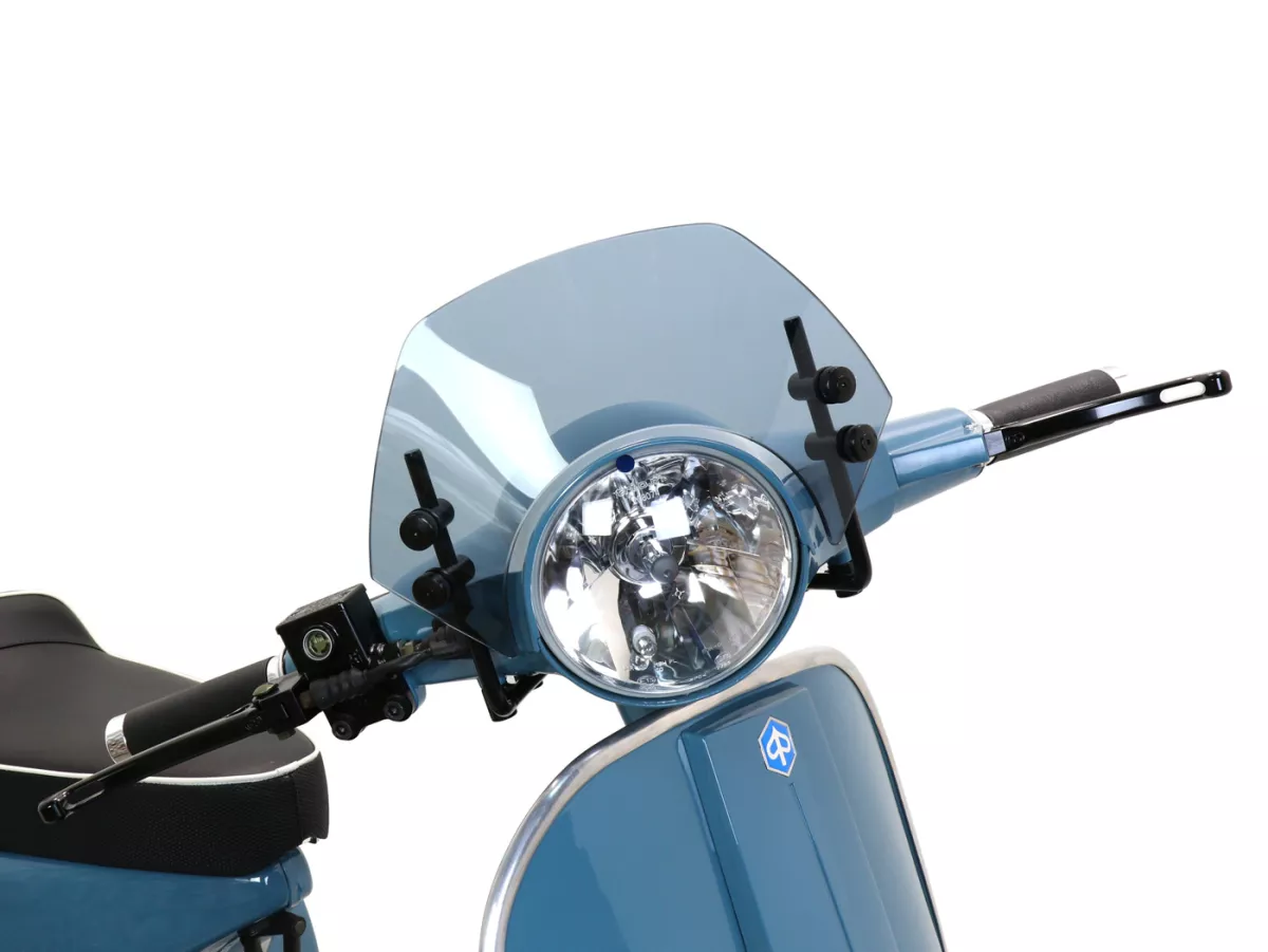 Windscherm met zwarte beugels -MOTO NOSTRA, b=300mm, h=105mm- Vespa PX80, PX125, PX150, PX200, LML 125/150 Star/Stella - grijs getint