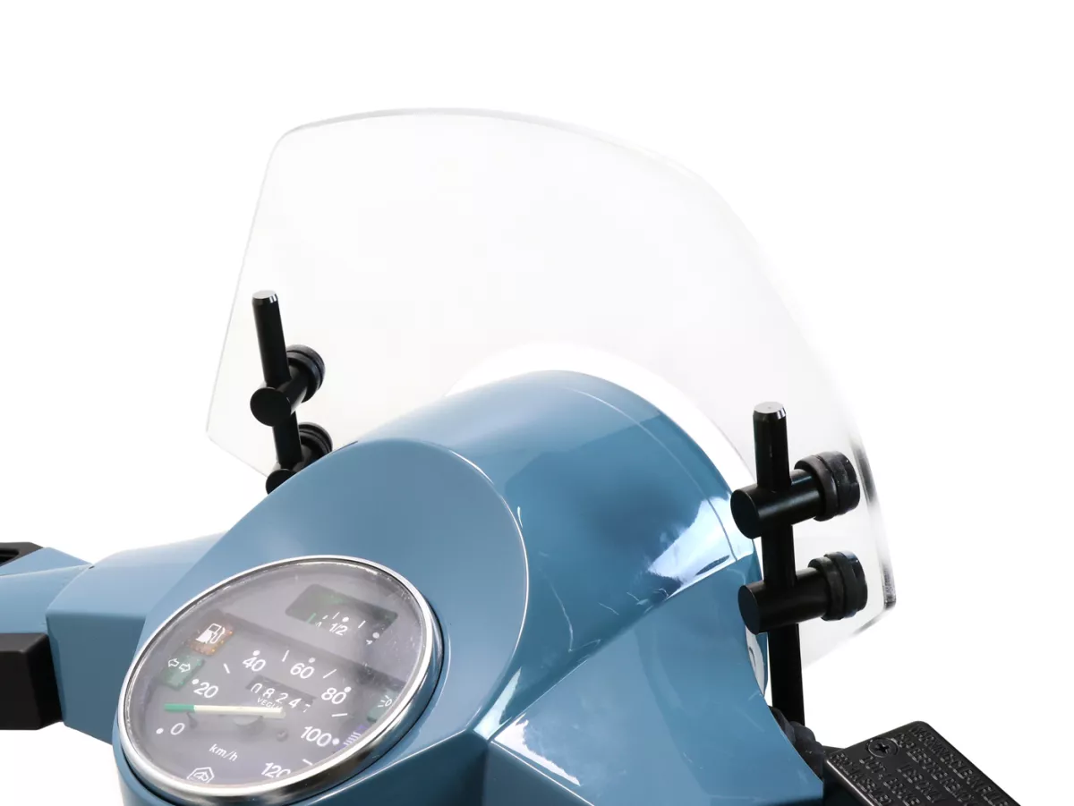 Vindruta med svarta fästen -MOTO NOSTRA, b=300mm, h=105mm- Vespa PX80, PX125, PX150, PX200, LML 125/150 Star/Stella - färglös