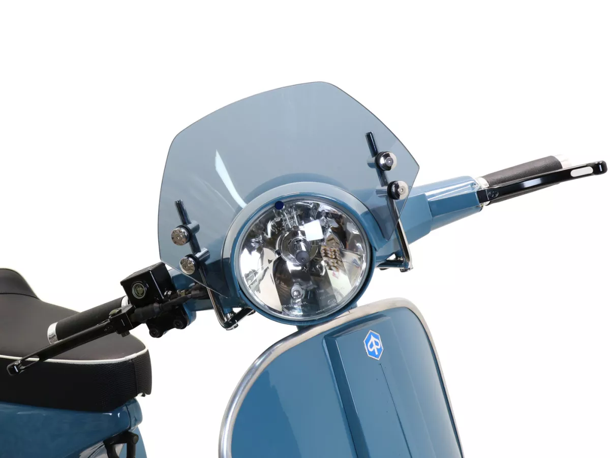Parabrezza con staffe cromate -MOTO NOSTRA, l=300mm, h=105mm- Vespa PX80, PX125, PX150, PX200, LML 125/150 Star/Stella - colorazione grigia