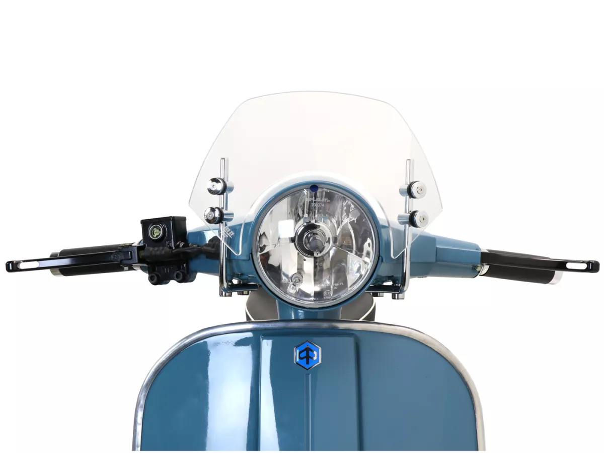 Flyscreen with chromed brackets -MOTO NOSTRA, w=300mm, h=105mm- Vespa PX80, PX125, PX150, PX200, LML 125/150 Star/Stella - colourless