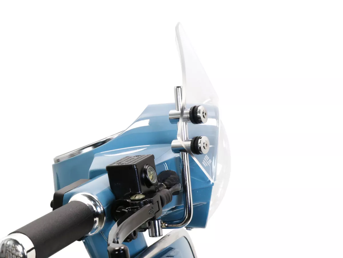 Flyscreen with chromed brackets -MOTO NOSTRA, w=300mm, h=105mm- Vespa PX80, PX125, PX150, PX200, LML 125/150 Star/Stella - colourless