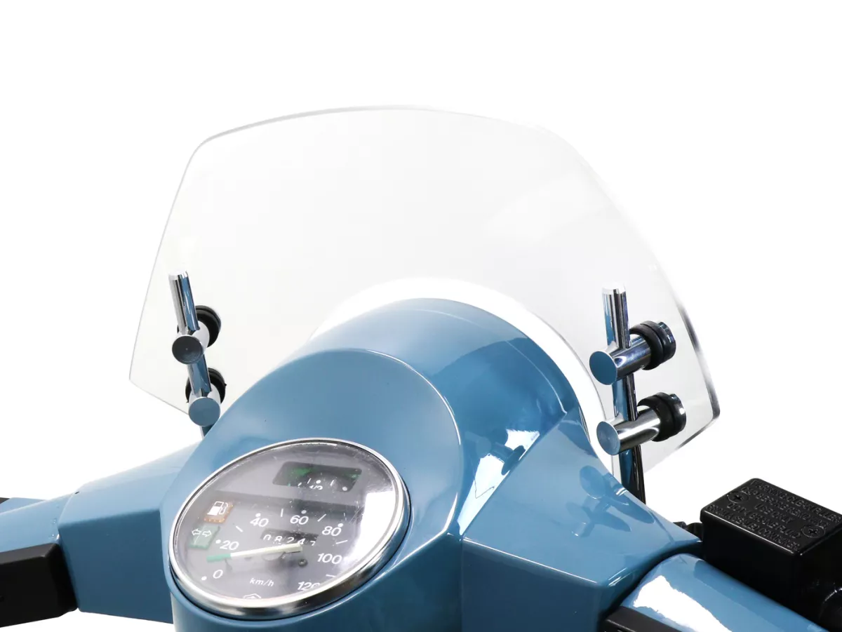 Flyscreen with chromed brackets -MOTO NOSTRA, w=300mm, h=105mm- Vespa PX80, PX125, PX150, PX200, LML 125/150 Star/Stella - colourless