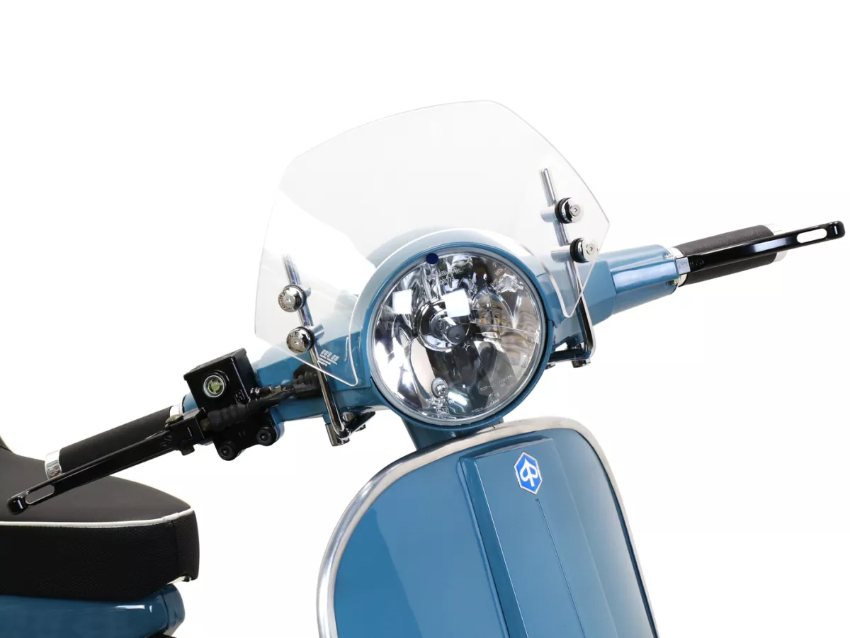 Flyscreen with chromed brackets -MOTO NOSTRA, w=300mm, h=105mm- Vespa PX80, PX125, PX150, PX200, LML 125/150 Star/Stella - colourless