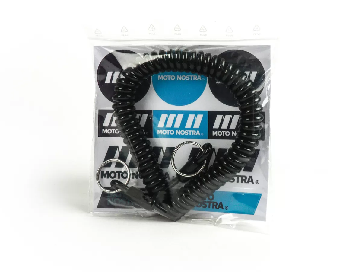 Key ring -MOTO NOSTRA Spiral- length 300mm - e.g. for Vespa Classic (connection between ignition lock in handlebar cover and/or steering/luggage compartment lock on PX old, Rally, Sprint, ET3, Motovespa etc.) black