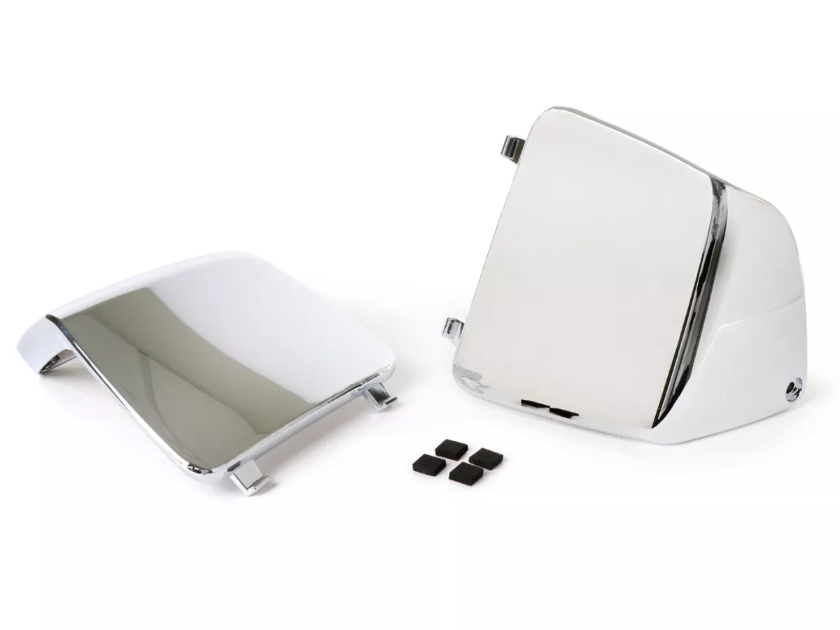 Maintenance flap set for interior lining leg shield -MOTO NOSTRA- Vespa GT, GTL, GTV, GTS 125-300 (03-22), HPE, Supertech, Supersport, Touring - (cover for cooling water connection / fuses) - chrome