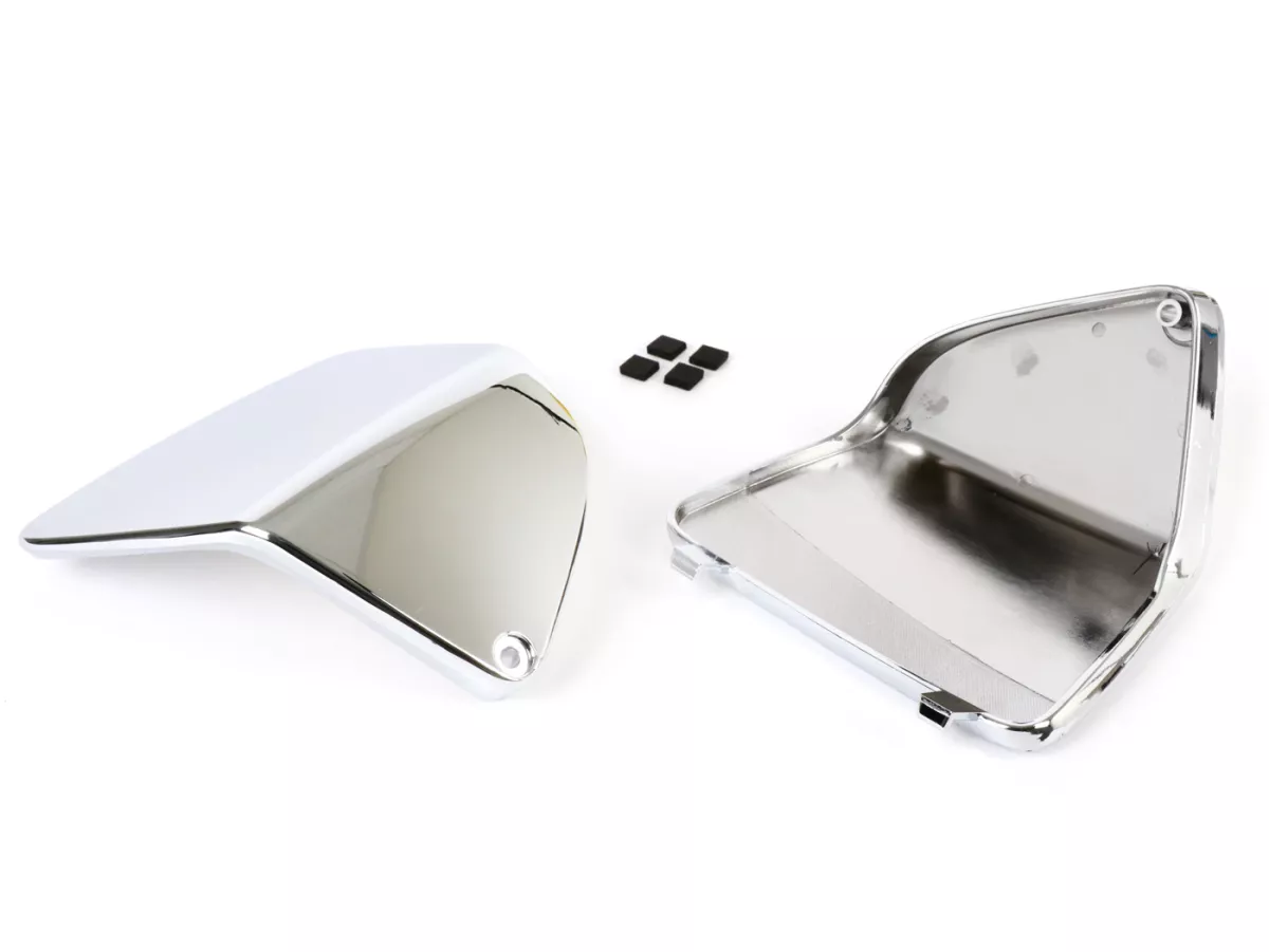 Maintenance flap set for interior lining leg shield -MOTO NOSTRA- Vespa GT, GTL, GTV, GTS 125-300 (03-22), HPE, Supertech, Supersport, Touring - (cover for cooling water connection / fuses) - chrome