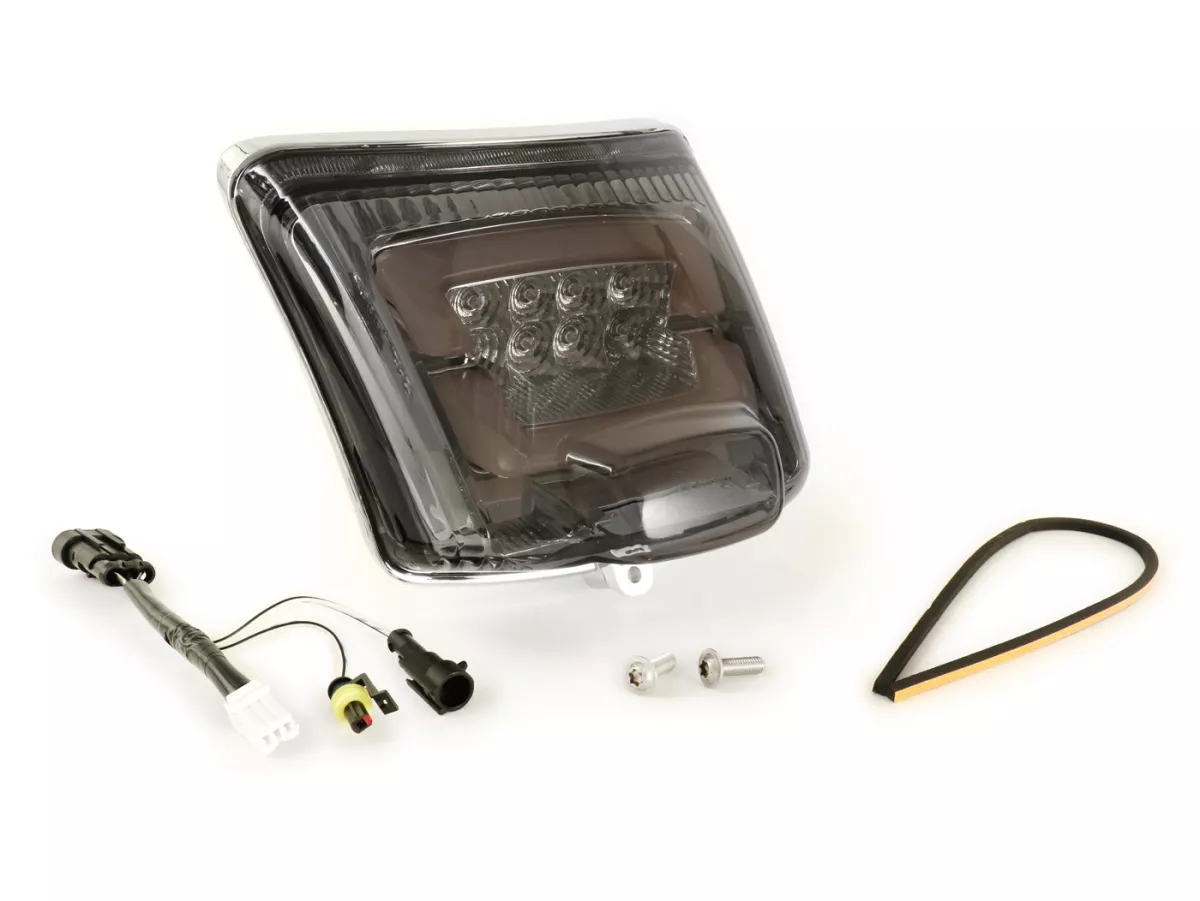 Tail light incl. frame -MOTO NOSTRA, LED 'Boulder'- Vespa GTS (2019-2022) GTS125 iGet, GTS300 HPE, GTS SUPER 125/300 HPE, GTS SUPERSPORT 125/300, GTS SUPERTECH 125/300 HPE - Glass black/ Frame chrome