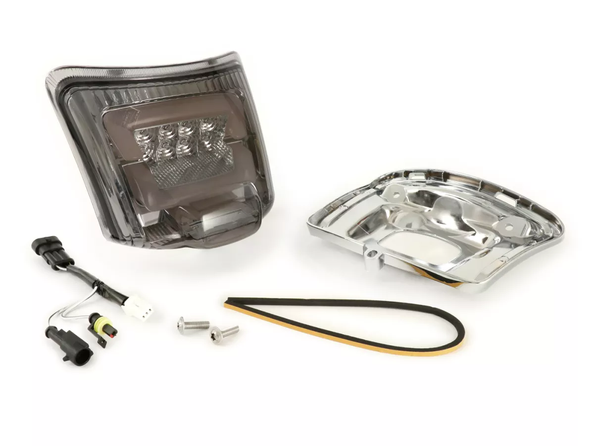 Tail light incl. frame -MOTO NOSTRA, LED 'Boulder'- Vespa GTS (2019-2022) GTS125 iGet, GTS300 HPE, GTS SUPER 125/300 HPE, GTS SUPERSPORT 125/300, GTS SUPERTECH 125/300 HPE - Glass black/ Frame chrome