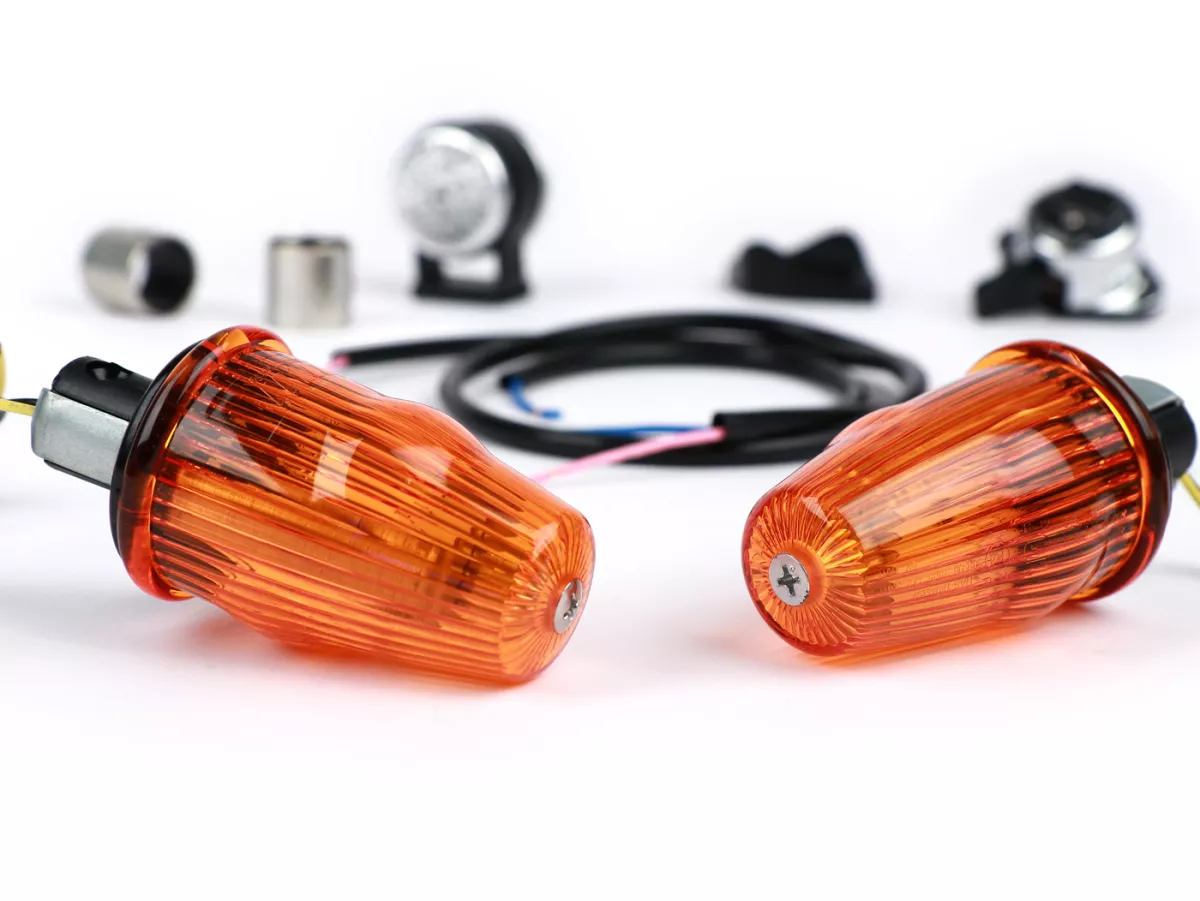 Conversion kit for handlebar indicators -MOTO NOSTRA, LED, E-marked, 6 Volt- Vespa Smallframe V50, 50N, PV, ET3, Largeframe Rally, Sprint, TS, GT, GTR, SS180 - Ø=24mm - amber