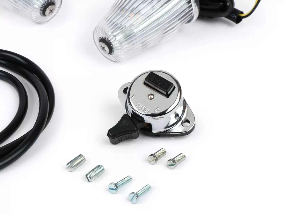 Knipperlicht retrofit set voor stuurknipperlichten -MOTO NOSTRA, LED , met E-markering, 6 Volt- Vespa Smallframe V50, 50N, PV, ET3, Largeframe Rally, Sprint, TS, GT, GTR, SS180 - Ø=24mm - Wit