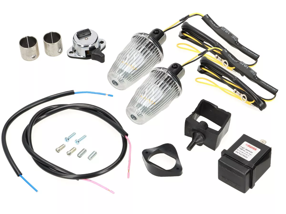 Set di retrofit per indicatori di direzione -MOTO NOSTRA, LED, con marcatura E, 12 Volt- Vespa Smallframe V50, 50N, PV, ET3, Largeframe Rally, Sprint, TS, GT, GTR, SS180 - Ø=24mm - Bianco