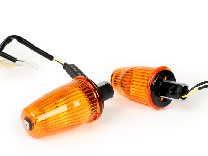 Pair of indicators -MOTO NOSTRA handlebar end indicator LED (E-mark), 6 volt- Vespa V50, 50SR, 50 Sprinter, 90SS, 90 Racer, PV125, ET3, Sprint150, Rally180/200 - orange