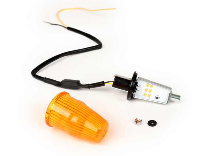 Pair of indicators -MOTO NOSTRA handlebar end indicator LED (E-mark), 6 volt- Vespa V50, 50SR, 50 Sprinter, 90SS, 90 Racer, PV125, ET3, Sprint150, Rally180/200 - orange
