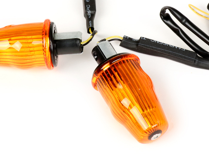 Pair of indicators -MOTO NOSTRA handlebar end indicator LED (E-mark), 6 volt- Vespa V50, 50SR, 50 Sprinter, 90SS, 90 Racer, PV125, ET3, Sprint150, Rally180/200 - orange