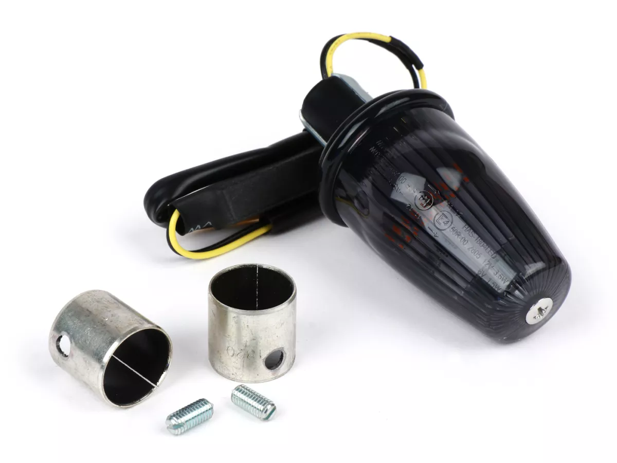 Conversion kit for handlebar indicators -MOTO NOSTRA, LED, E-marked, 12 Volt- Vespa Smallframe PK S/XL/XL2/HP, Largeframe PX, T5, LML - Ø=24mm - black