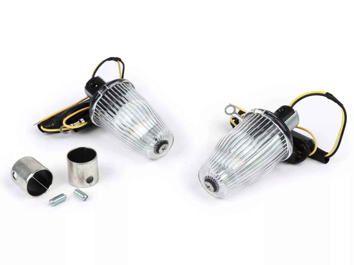 Juego de reequipamiento para intermitentes de manillar -MOTO NOSTRA, LED , con E-marking, 12 volt- Vespa Smallframe PK S/XL/XL2/HP, Largeframe PX, T5, LML - Ø=24mm - Blanco