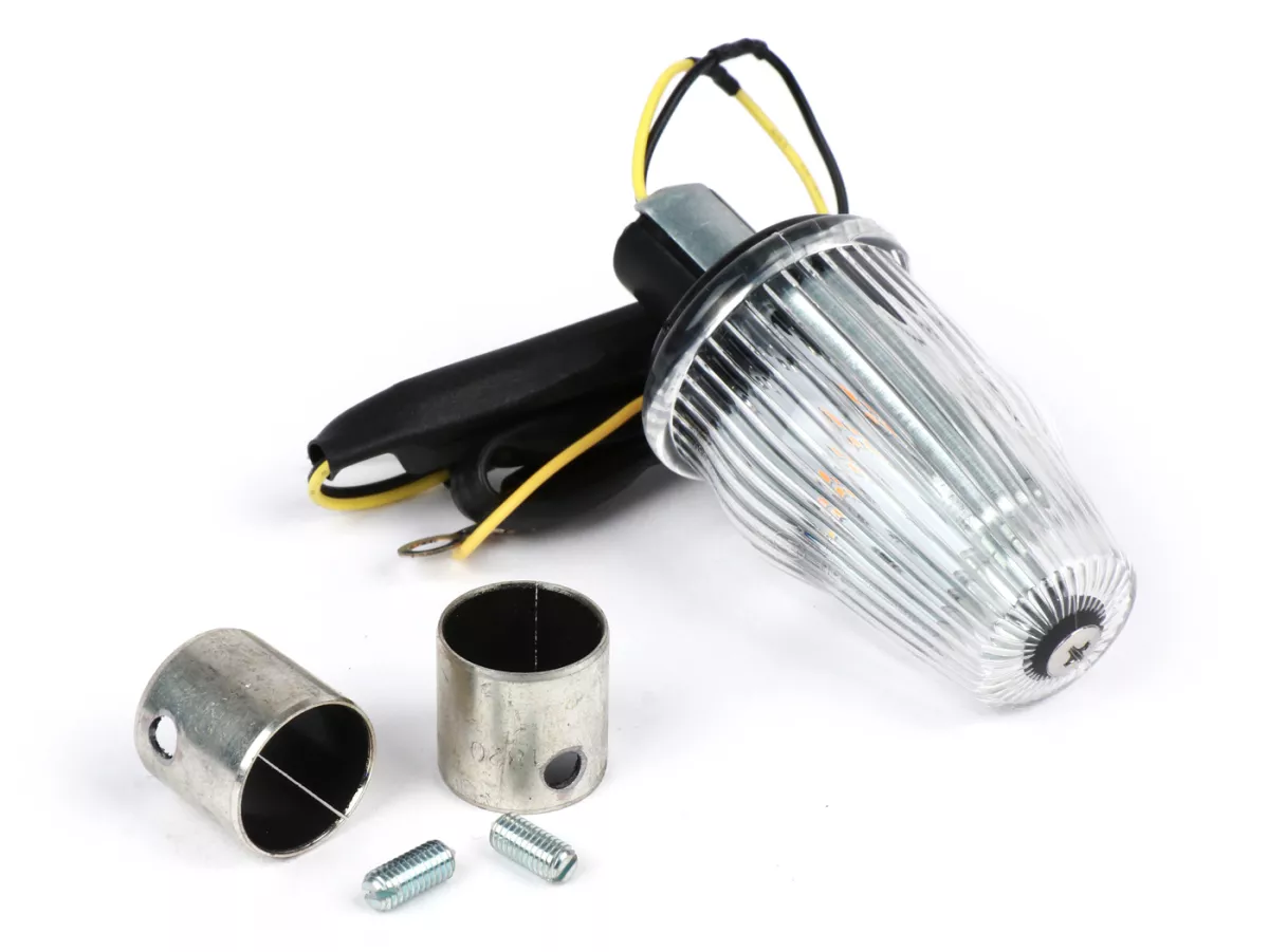 Juego de reequipamiento para intermitentes de manillar -MOTO NOSTRA, LED , con E-marking, 12 volt- Vespa Smallframe PK S/XL/XL2/HP, Largeframe PX, T5, LML - Ø=24mm - Blanco