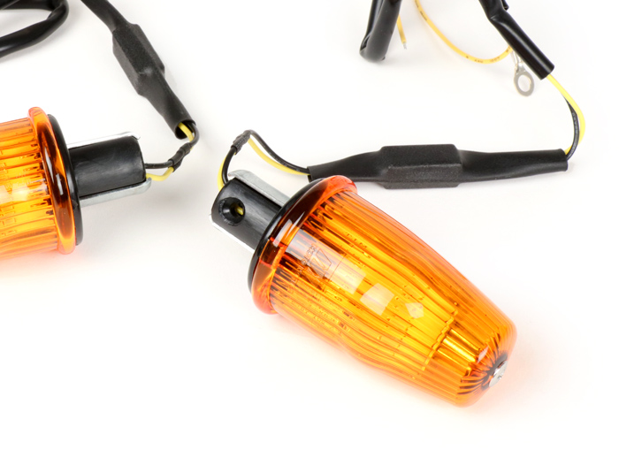 Pair of indicators -MOTO NOSTRA handlebar end indicator LED (E-mark), 12 volt- Vespa V50, 50SS, 50SR, 50 Sprinter, 90SS, 90 Racer, PV125, ET3, Sprint150, Rally180/200 - amber