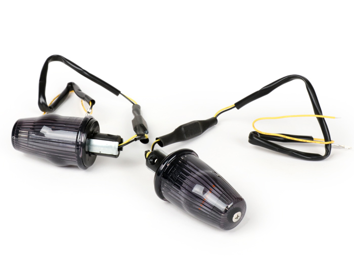 Pair of indicators -MOTO NOSTRA handlebar end indicator LED (E-mark), 12 volt- Vespa V50, 50SS, 50SR, 50 Sprinter, 90SS, 90 Racer, PV125, ET3, Sprint150, Rally180/200 - black