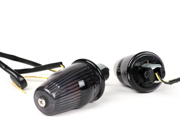 Pair of indicators -MOTO NOSTRA handlebar end indicator LED (E-mark), 12 volt- Vespa V50, 50SS, 50SR, 50 Sprinter, 90SS, 90 Racer, PV125, ET3, Sprint150, Rally180/200 - black