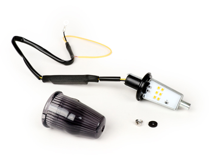 Pair of indicators -MOTO NOSTRA handlebar end indicator LED (E-mark), 12 volt- Vespa V50, 50SS, 50SR, 50 Sprinter, 90SS, 90 Racer, PV125, ET3, Sprint150, Rally180/200 - black