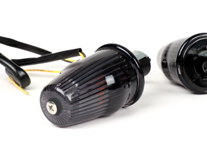 Pair of indicators -MOTO NOSTRA handlebar end indicator LED (E-mark), 12 volt- Vespa V50, 50SS, 50SR, 50 Sprinter, 90SS, 90 Racer, PV125, ET3, Sprint150, Rally180/200 - black