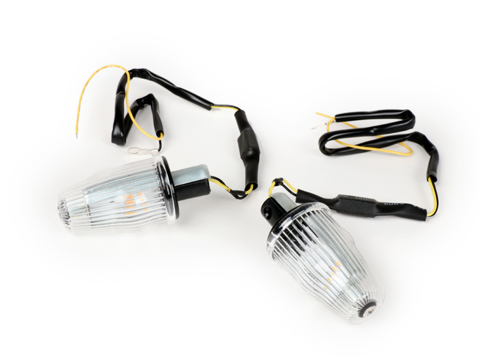 Pair of indicators -MOTO NOSTRA handlebar end indicator LED (E-mark), 12 volt- Vespa V50, 50SS, 50SR, 50 Sprinter, 90SS, 90 Racer, PV125, ET3, Sprint150, Rally180/200 - colourless