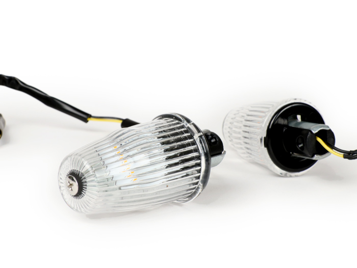 Pair of indicators -MOTO NOSTRA handlebar end indicator LED (E-mark), 12 volt- Vespa V50, 50SS, 50SR, 50 Sprinter, 90SS, 90 Racer, PV125, ET3, Sprint150, Rally180/200 - colourless