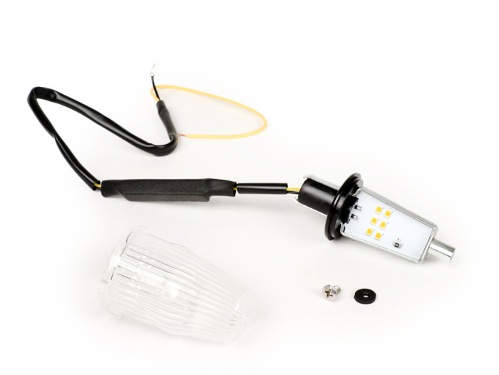 Pair of indicators -MOTO NOSTRA handlebar end indicator LED (E-mark), 12 volt- Vespa V50, 50SS, 50SR, 50 Sprinter, 90SS, 90 Racer, PV125, ET3, Sprint150, Rally180/200 - colourless