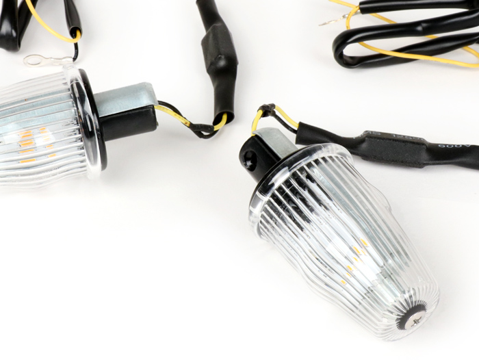 Pair of indicators -MOTO NOSTRA handlebar end indicator LED (E-mark), 12 volt- Vespa V50, 50SS, 50SR, 50 Sprinter, 90SS, 90 Racer, PV125, ET3, Sprint150, Rally180/200 - colourless