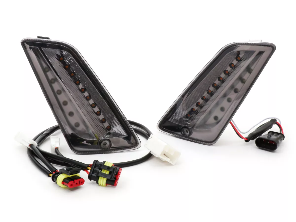 Pair of front indicators -MOTO NOSTRA (-2014) dynamic LED sequential light, day time running light (E-mark)- Vespa GT, GTL, GTV, GTS 125-300 - smoked
