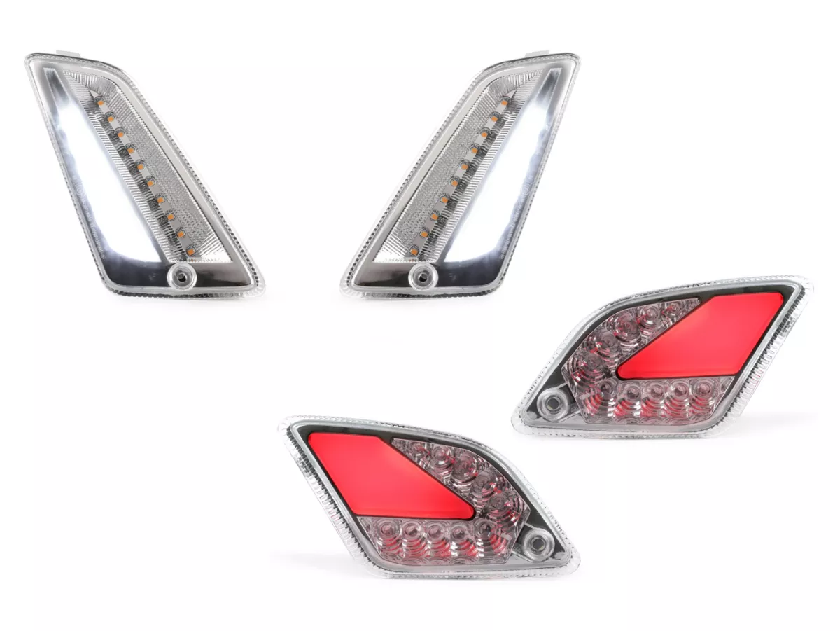 Set indikator depan + belakang -MOTO NOSTRA (hingga 2014) lampu berjalan LED dinamis, lampu berjalan siang hari depan + lampu posisi belakang (tanda-E) - Vespa GT, GTL, GTV, GTS 125-300 - putih