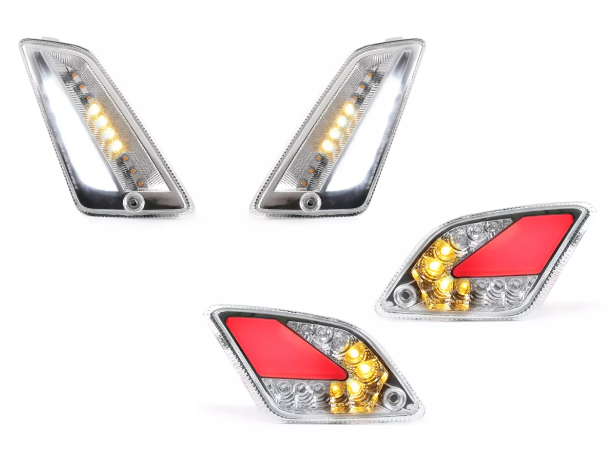 Set indikator depan + belakang -MOTO NOSTRA (hingga 2014) lampu berjalan LED dinamis, lampu berjalan siang hari depan + lampu posisi belakang (tanda-E) - Vespa GT, GTL, GTV, GTS 125-300 - putih